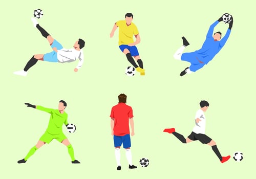 set of several soccer athletes with different poses, positions, colors. concept of sport, football, activity. flat vector illustration.