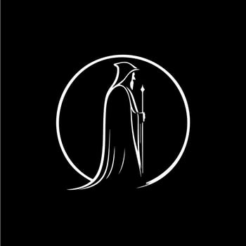 Sorcerer head silhouette tattoo, astronomer logo template. Fortune teller emblem on black background, magician elder line icon. Vector illustration