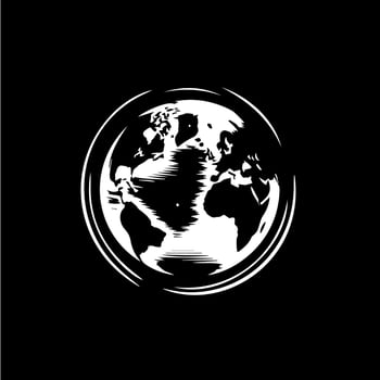 Earth logo template, globe world round emblem, save planet icon. Global planet sphere hand drawing emblem on black background, monochrome sketch art. Vector illustration