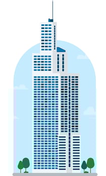 High building with sky background vector illustration. Modern tower in city.Tower with street road flat design.Business building with urban scene