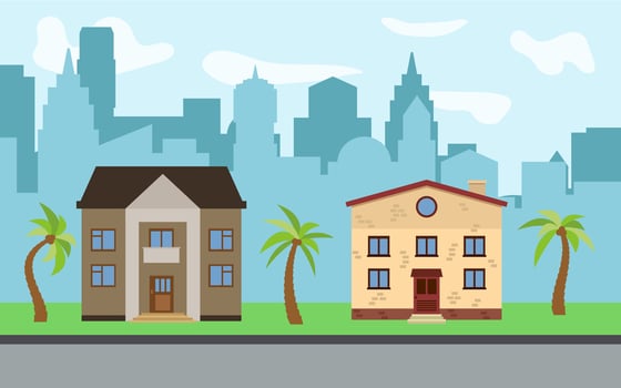 Vector city with two two-story cartoon houses and palm trees in the sunny day. Summer urban landscape. Street view with cityscape on a background
