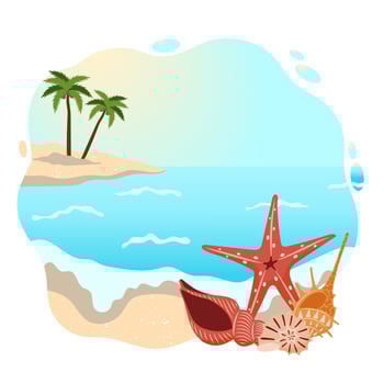 Tropical island with seashells, starfish, palm trees in the ocean. Summer vacation landscape, sea vector
