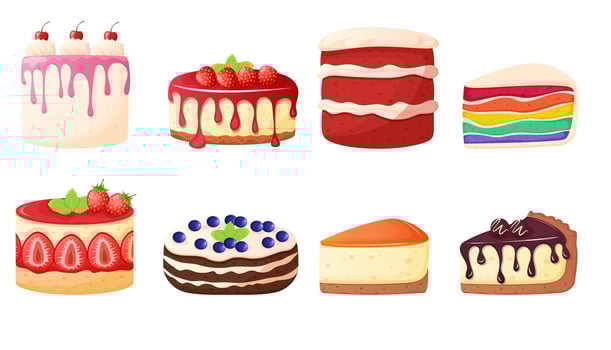 Different type of cakes set. Sweet bakery elements. vector