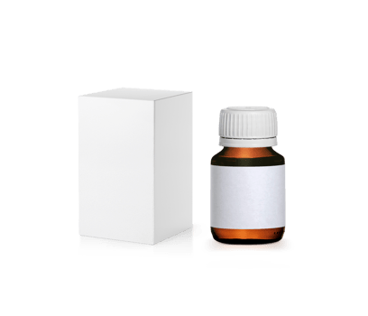 Brown medicine bottle with label and blank packaging white cardboard box, transparent background png