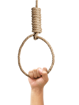 Hand holding rope noose with hangman's knot hanging, transparent background png