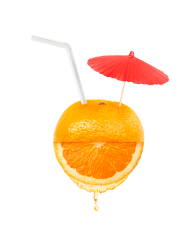 Orange juice with straw and umbrella on orange fruit Flat lay. transparent background png