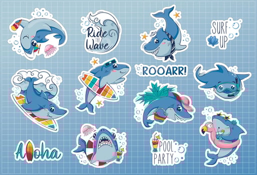 stickers Bundle of cartoon funny sharks. Summer beach characters for fashion design, advertising vector