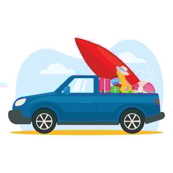 Blue car with things goes on vacation. Fixed suitcases, surfboard, hat, ball, guitar. Vector graphic.