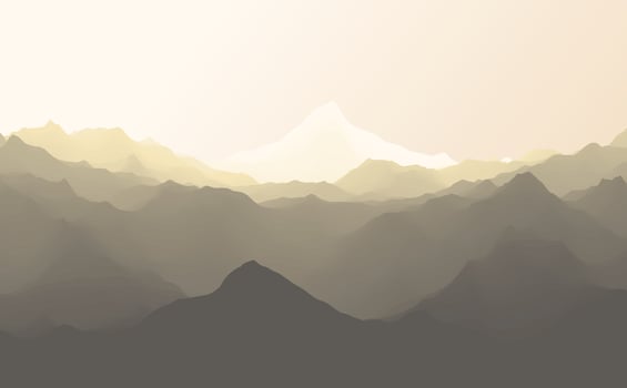 The abstract vector image reforestation in the foreground and different levels of the mountains in the background. Mountain landscape. Forest in the mountains. Untouched nature. Majestic mountains.