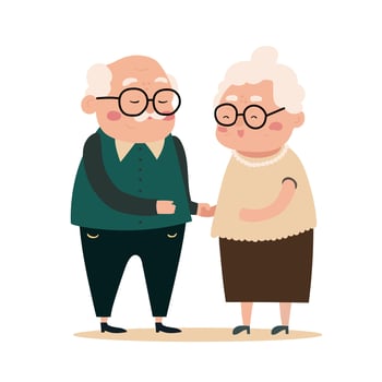 Happy elderly couple dancing together or just holding hands. Isolated on white background vector flat illustration