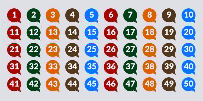 numbers one through fifty with colorful bubbles vector