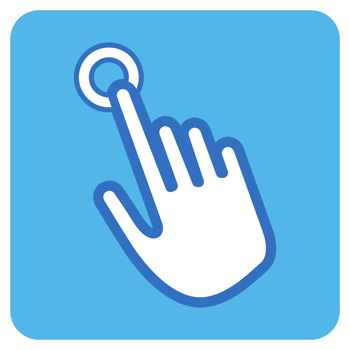 Hand pointing flat icon in blue square. png