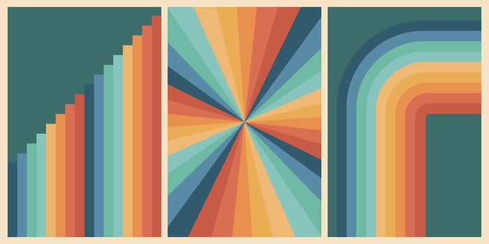 Set of colorful retro groovy backgrounds with rainbow and sun. Trendy groovy print design for posters, cards, banners vector