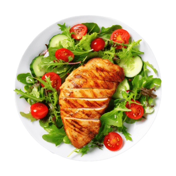 Grilled chicken breast and vegetables isolated. Illustration png