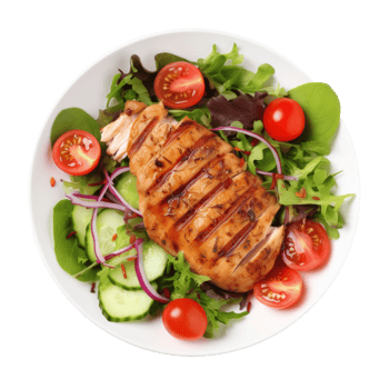 Grilled chicken breast and vegetables isolated. Illustration png
