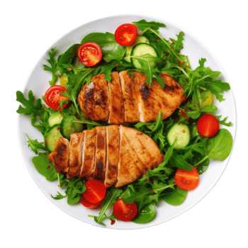 Grilled chicken breast and vegetables isolated. Illustration png