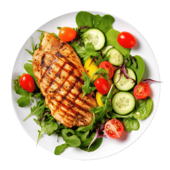 Grilled chicken breast and vegetables isolated. Illustration png