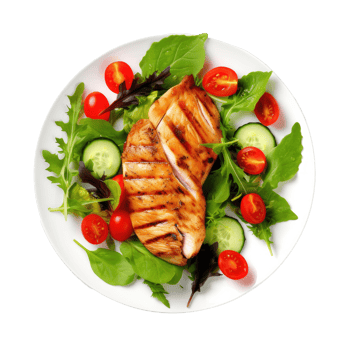 Grilled chicken breast and vegetables isolated. Illustration png