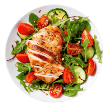 Grilled chicken breast and vegetables isolated. Illustration png