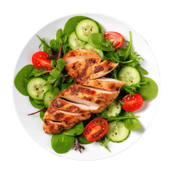 Grilled chicken breast and vegetables isolated. Illustration png