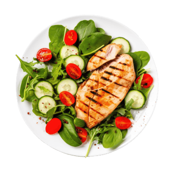 Grilled chicken breast and vegetables isolated. Illustration png