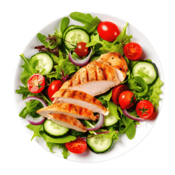 Grilled chicken breast and vegetables isolated. Illustration png