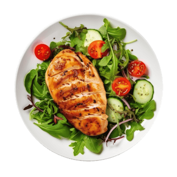Grilled chicken breast and vegetables isolated. Illustration png