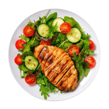 Grilled chicken breast and vegetables isolated. Illustration png
