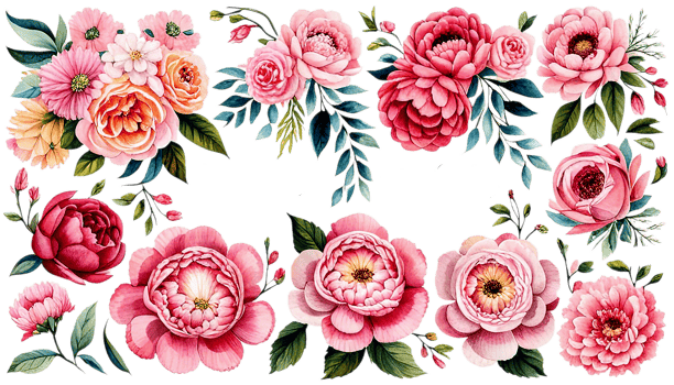 Flower set. Blue flowers,pink and Burgundy roses, twigs, leaves. For compositions of roses, floral frame with roses, watercolor invitation design,cards with flowers. Wedding. png