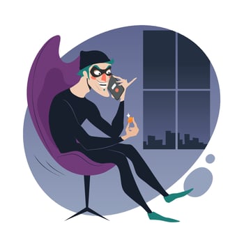 Phone scam crime concept illustration, online social media fraud. A scammer makes a call to steal personal data and passwords. Vector flat illustration isolated on white background