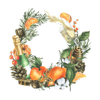Christmas template wreath tangerines, sweets, spices, champagne and plants. Watercolor illustration, hand drawn for holiday decor. Frame png
