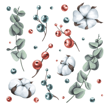 Cotton inflorescences, decorative berries and eucalyptus. Watercolor illustration. Isolated objects from a large set of COZY WINTER. For decoration, design, compositions, decor. png