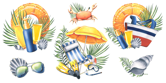 Beach chairs, umbrella, sun creams, swimming equipment and beach accessories with tropical leaves. Watercolor illustration, hand drawn. Set of isolated compositions png