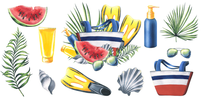 Striped beach bag with yellow flippers, sunblock, sunglasses, watermelon, seashells and tropical leaves. Watercolor illustration, hand drawn. Isolated composition with elements png