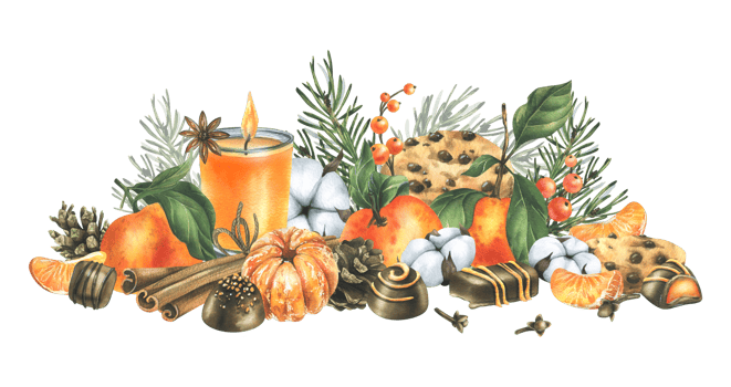 Tangerines with cotton, pine branches and cones, sweets, candle and spices. Watercolor illustration hand drawn for Christmas decor. Isolated composition png