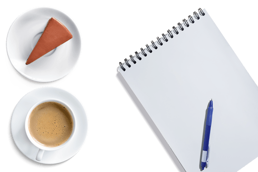 Cup of coffee  cake on a plate  notebook in top view PNG transparent