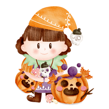 Cute Halloween element.digital painting watercolor girl.cartoon character hand drawn illustration.Halloween concept.design for texture,fabric,decoration,scrapbook,sticker,print template,clothing. png