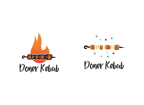 Shish kebab logo design. Meat skewer with vegetable vector design. Grilled meat skewers logotype