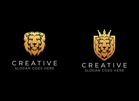 Royal king lion crown symbols. Elegant gold Leo animal logo. Premium luxury brand identity icon. Vector illustration