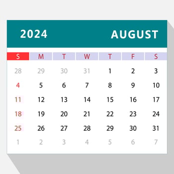 August 2024 calendar template. Vector design