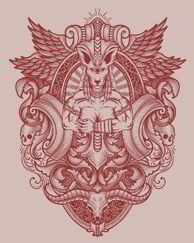 Anubis God with antique engraving ornament vector