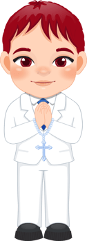 First communion boy praying has a rosary in his hand cartoon png