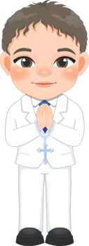 First communion boy praying has a rosary in his hand cartoon png