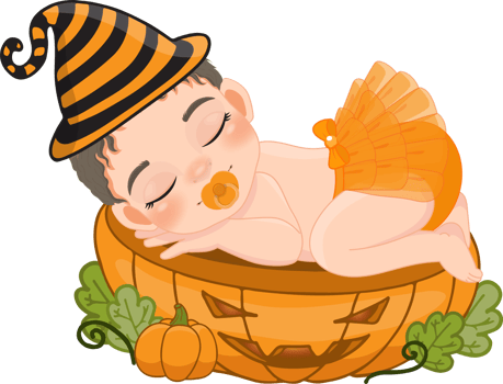 Cute girl sleeping on the pumpkin cut half in Halloween theme cartoon png