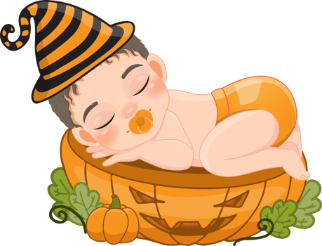 Cute boy sleeping on the pumpkin cut half in Halloween theme cartoon png