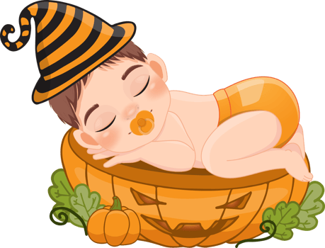 Cute boy sleeping on the pumpkin cut half in Halloween theme cartoon png
