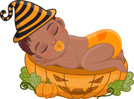 Cute American African boy sleeping on the pumpkin cut half in Halloween theme cartoon png