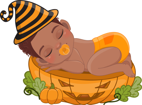 Cute American African boy sleeping on the pumpkin cut half in Halloween theme cartoon png