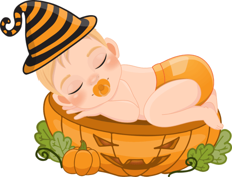 Cute boy sleeping on the pumpkin cut half in Halloween theme cartoon png