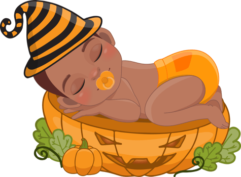 Cute American African boy sleeping on the pumpkin cut half in Halloween theme cartoon png